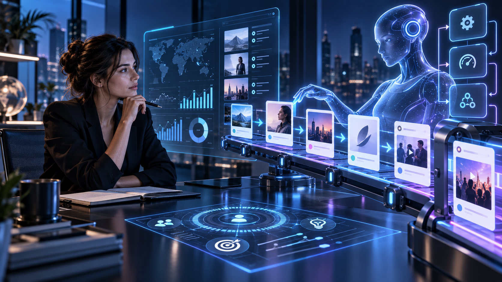 Marketing strategist reviewing an AI-assisted content automation workflow