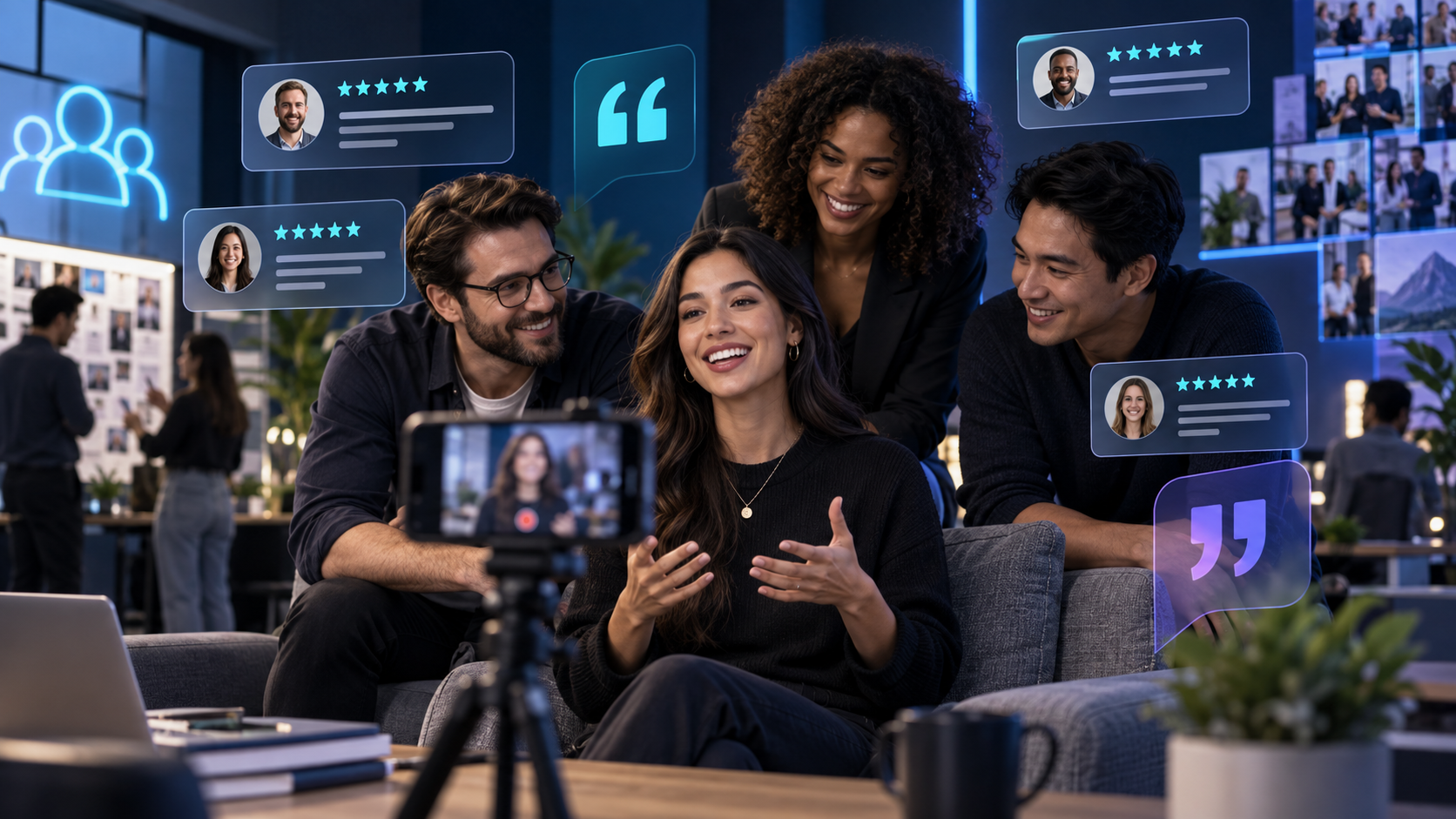 Business clients recording an authentic video testimonial with review cards