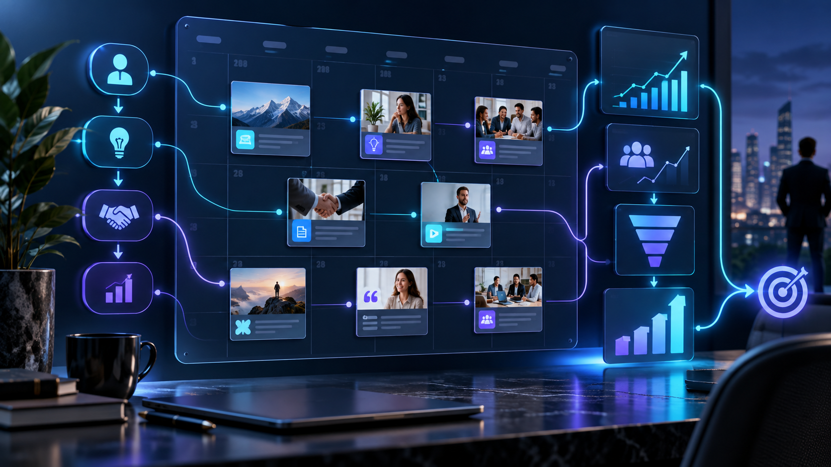 Content calendar connected to buyer journey stages, analytics and business growth