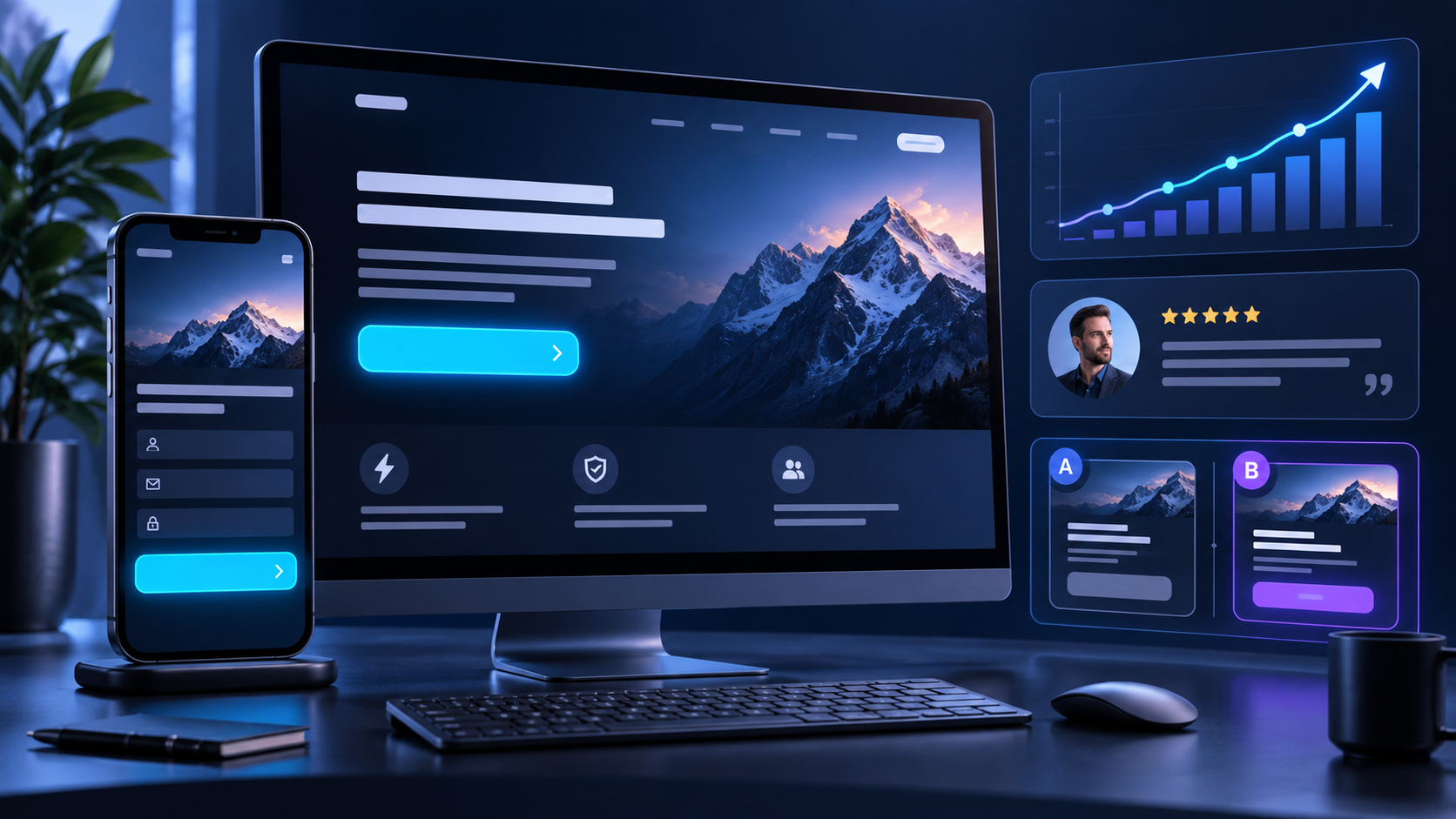 High-converting landing page shown with a short form, testimonial and conversion analytics