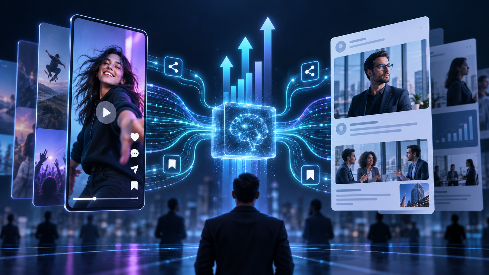 Short video and professional content feeds connected by engagement signals