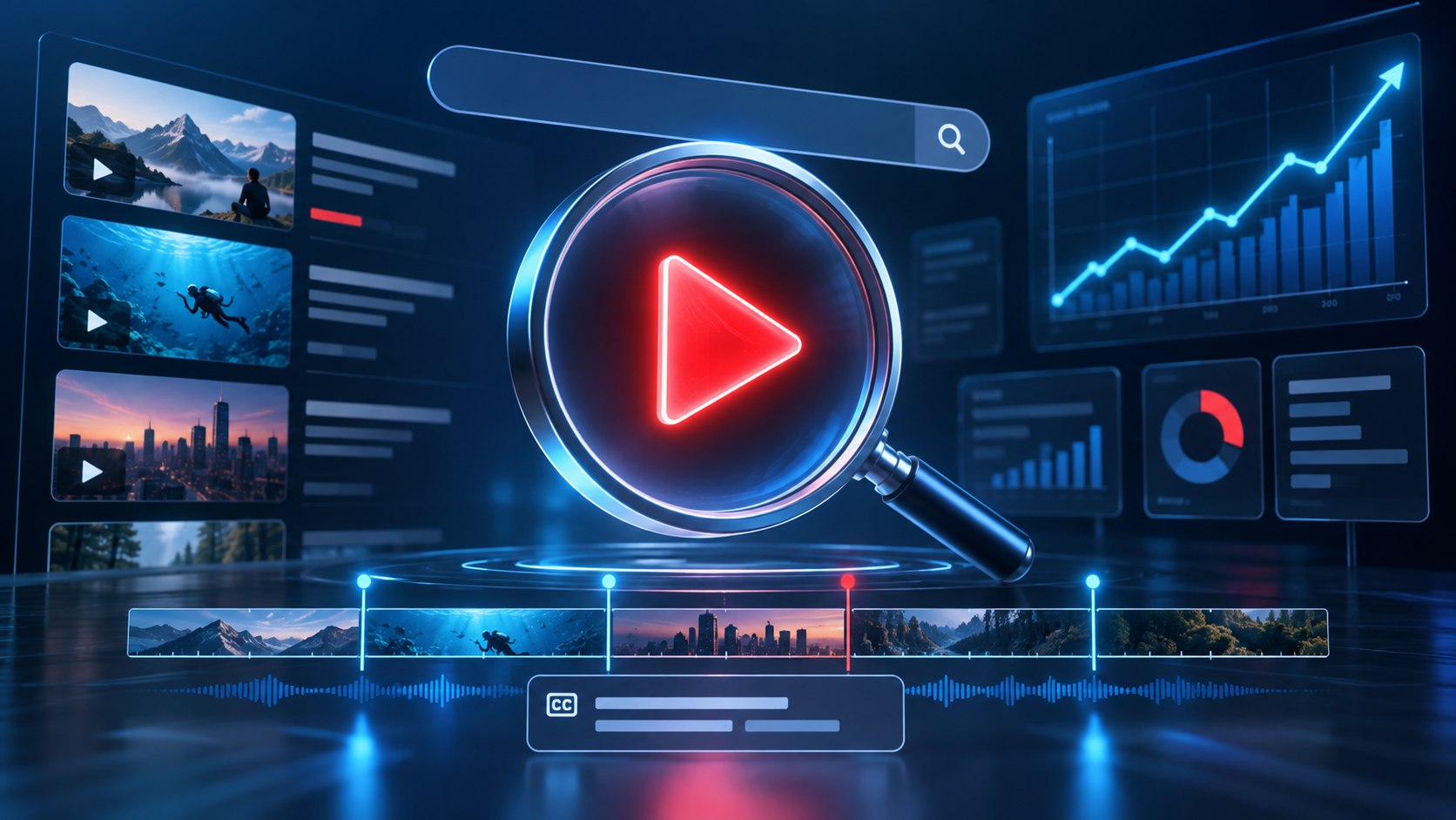 Video play symbol viewed through a search lens with analytics